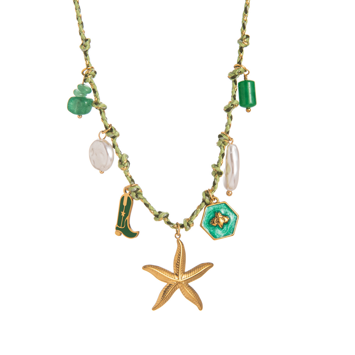 Summer Starfish Pearl Heart Beaded Necklace_Cwaje05574