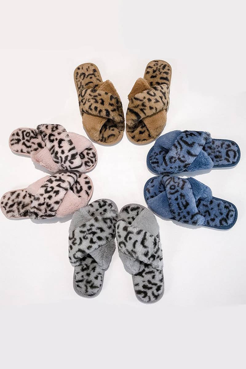 LEOPARD PATTERN CROSS FLUFFY HOME BEDROOM SLIPPERS_CWSHS0228