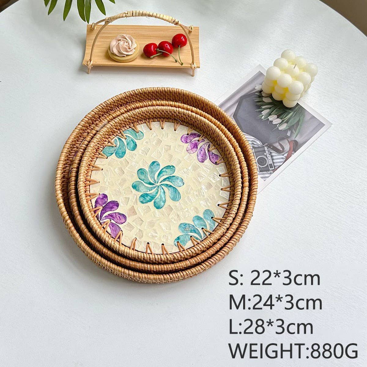 RATTAN COLORFUL SHELL FRUIT TRAY THREE PIECE SET_CWMM4428