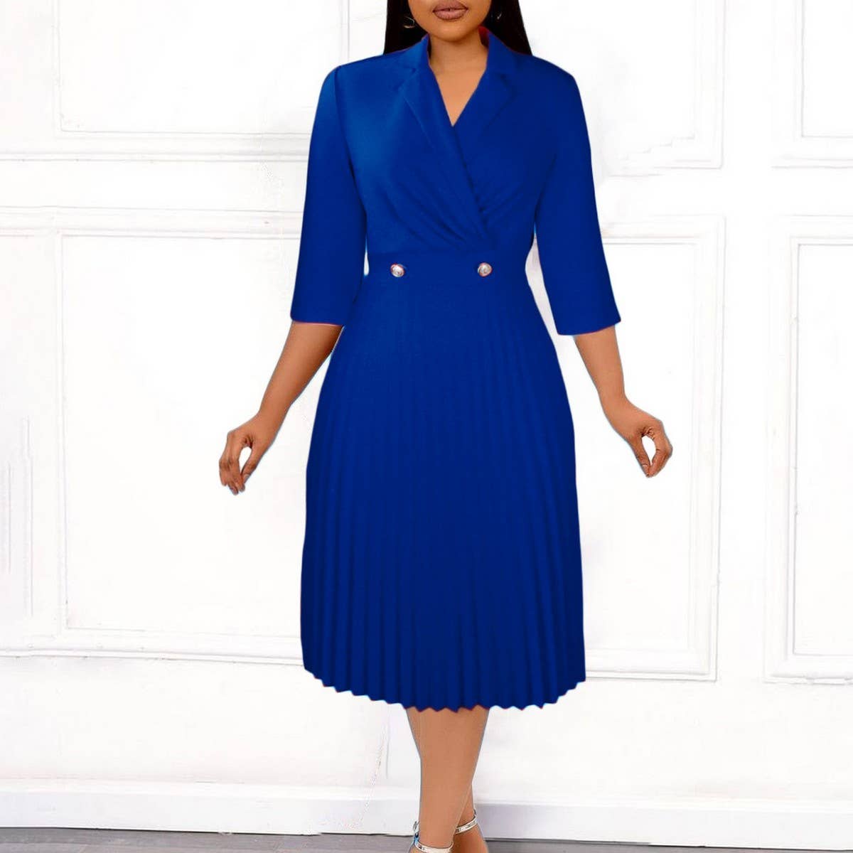 SOLID COLOR ELEGANT SUITCOLLAR PLEATED LAPEL DRESS_CWDMD3718