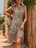 Vintage Boho V-Neck Waist-Tied Midi Dress