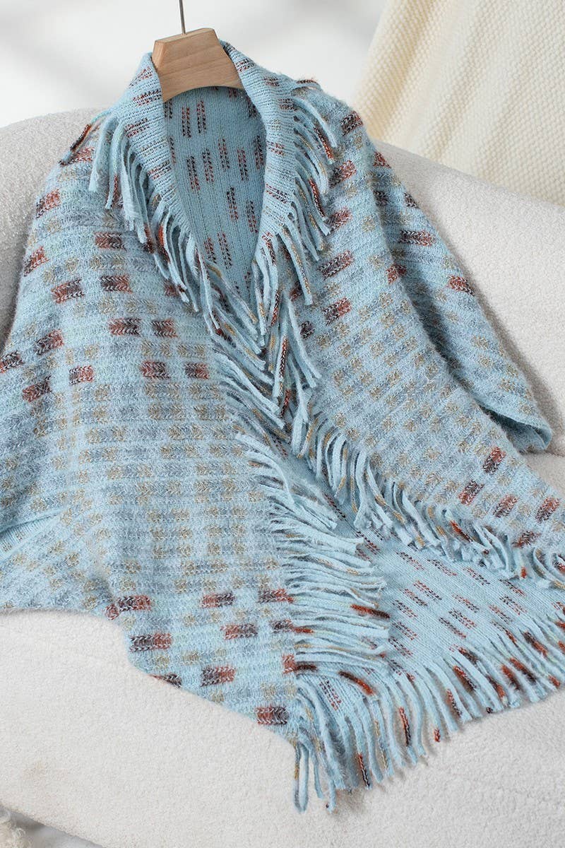 Cwocas0049_Colorful Plaid Knitted Fringed Cape Shawl