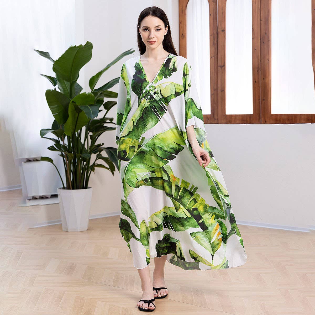 BANANA LEAF CROCHET FRONT BEACH COVER UP ROBE_CWMM6207