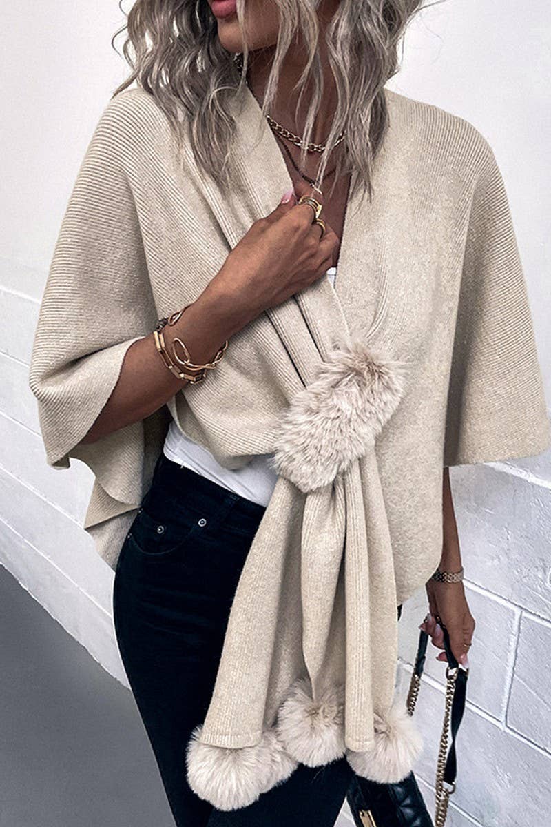 Cwocas0052_Solid Color Wool Ball Cape Knitted Shawl