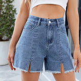 Washed Denim Cutoff Shorts With Side Slit