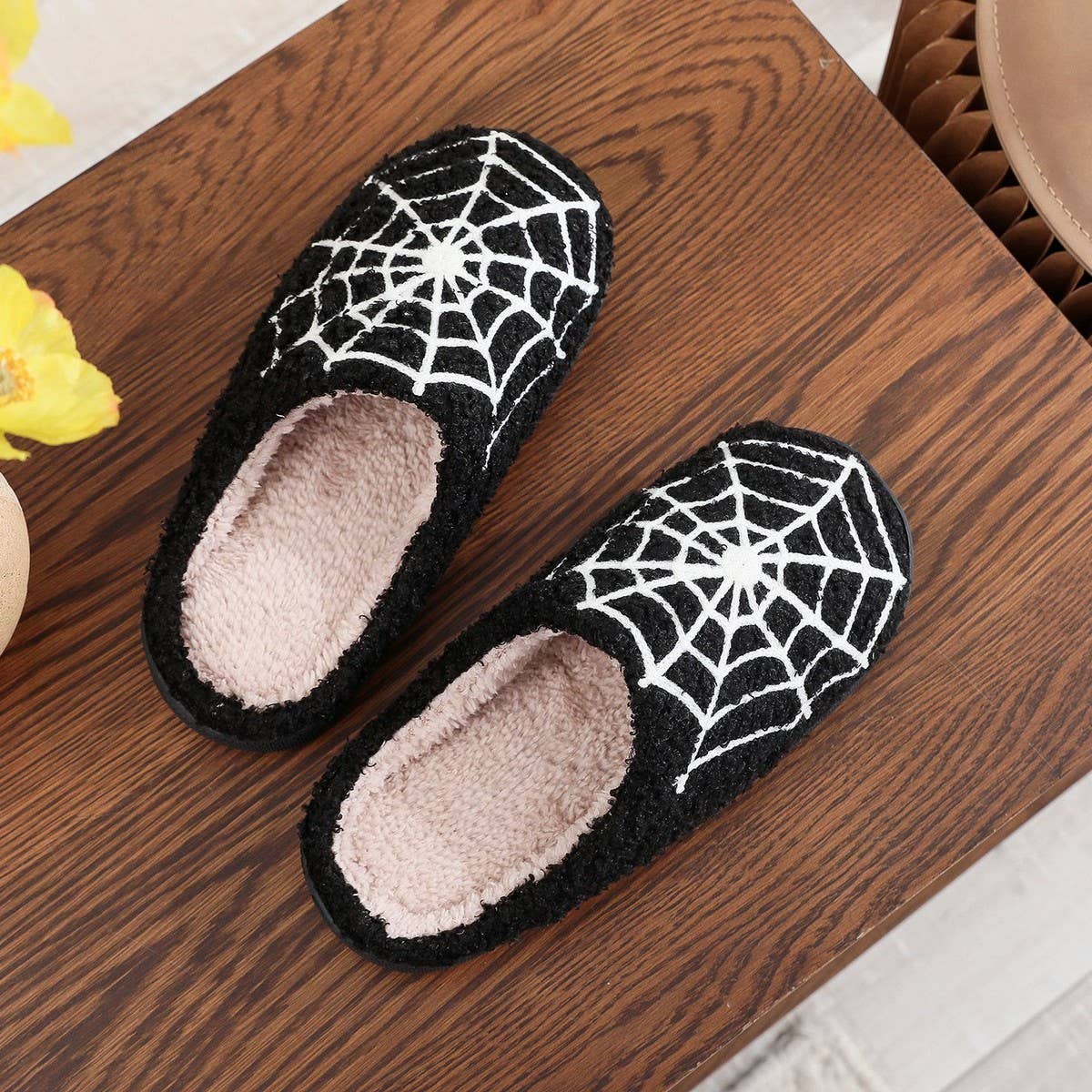 HALLOWEEN SPIDER WEB EMBROIDERED COTTON SLIPPERS_CWSHS0757