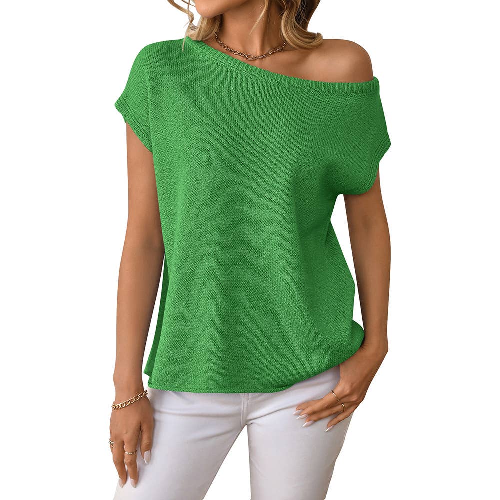 Solid Color,Off-The-Shoulder,Loose Short Sleeve