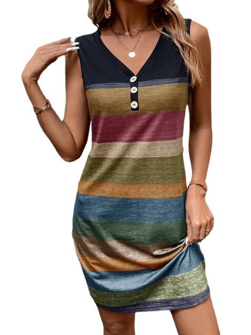 Striped Print Button Loose Tank Top Dress