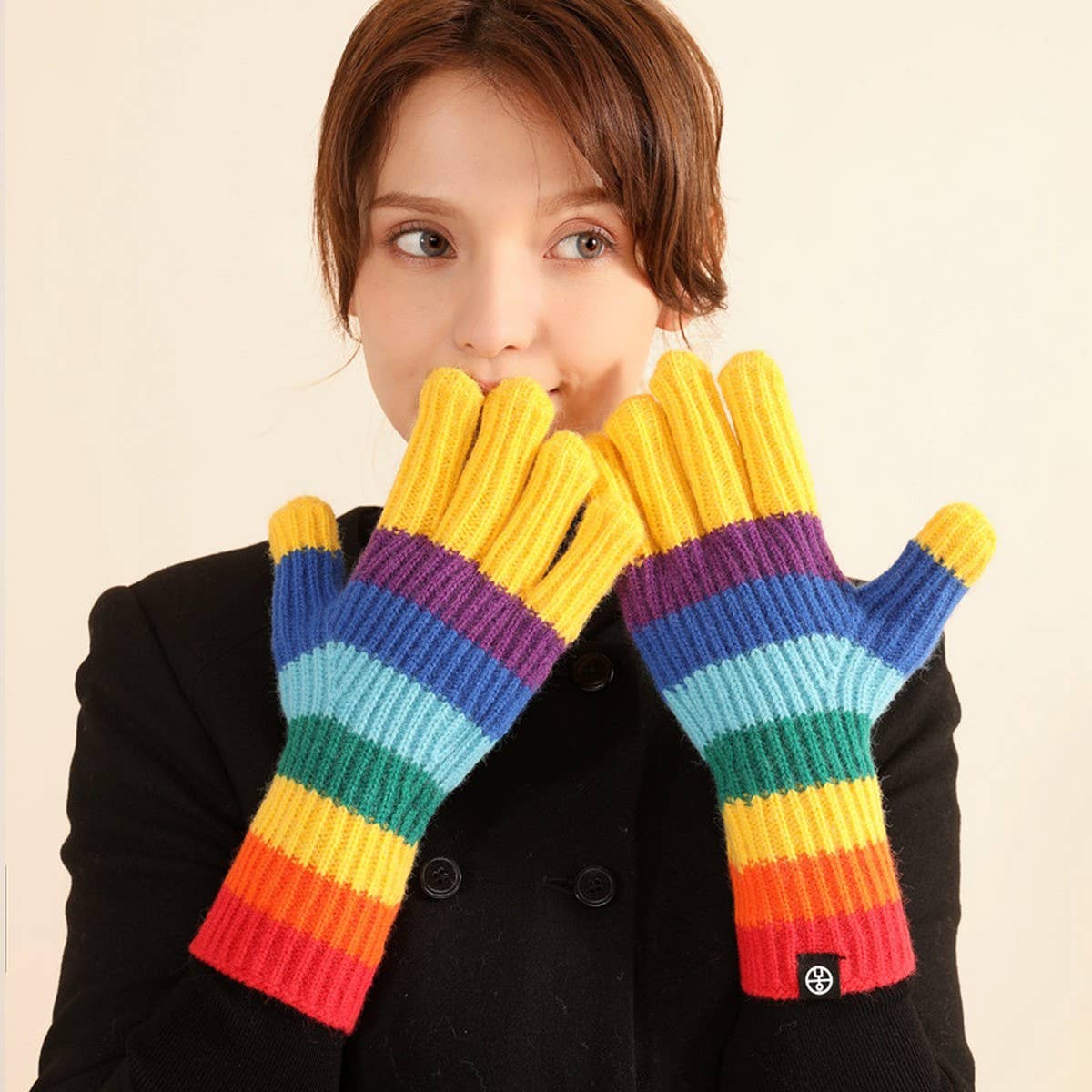 Winter Rainbow Striped Knitted Fingerless Gloves_Cwag0397
