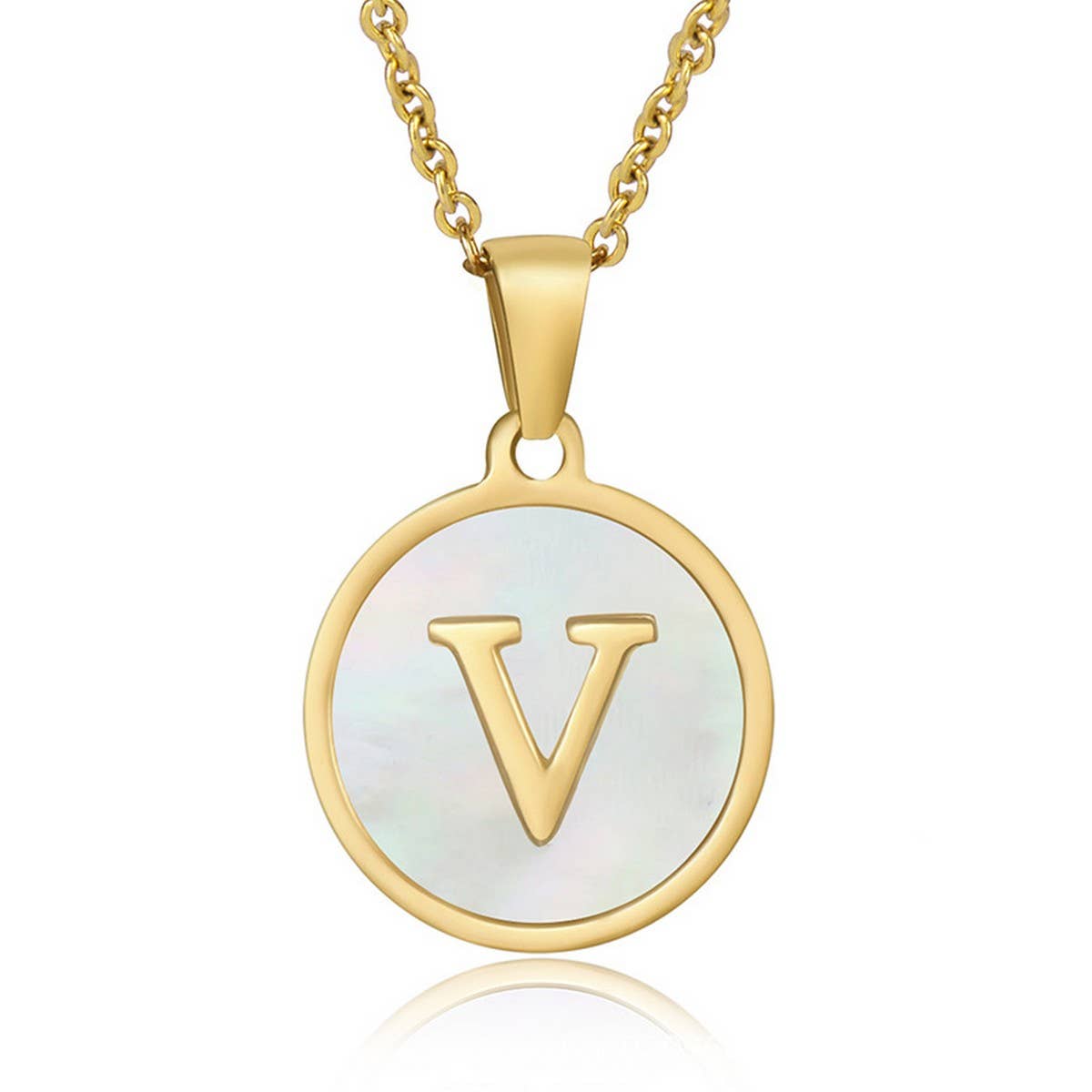 Cwaje1934_Round Stainless Steel White Shell Letter Necklace