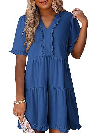 V-Neck Short-Sleeved Black Eared Pocket Dress