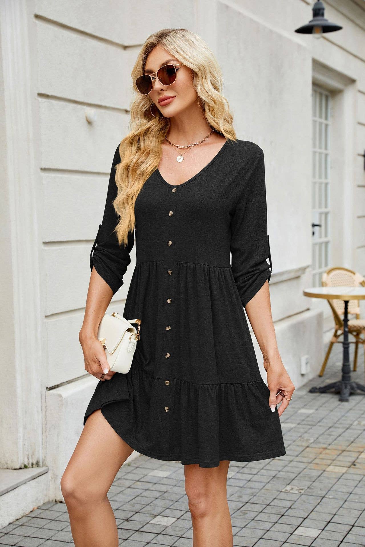 Solid Color Crew-Neck Button Mid-Length Dress