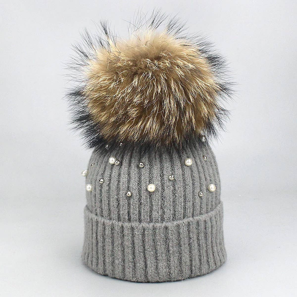 Women¡¯S Knit Beanie With Pearl & Fur Pom_Cwah04987