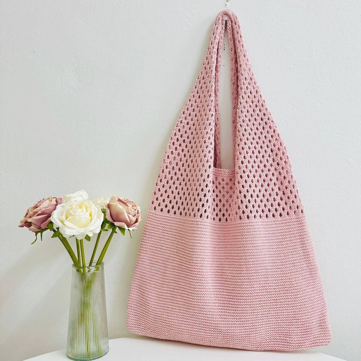 Cwab4568_Hollow Knit Large Capacity Shoulder Tote Bag