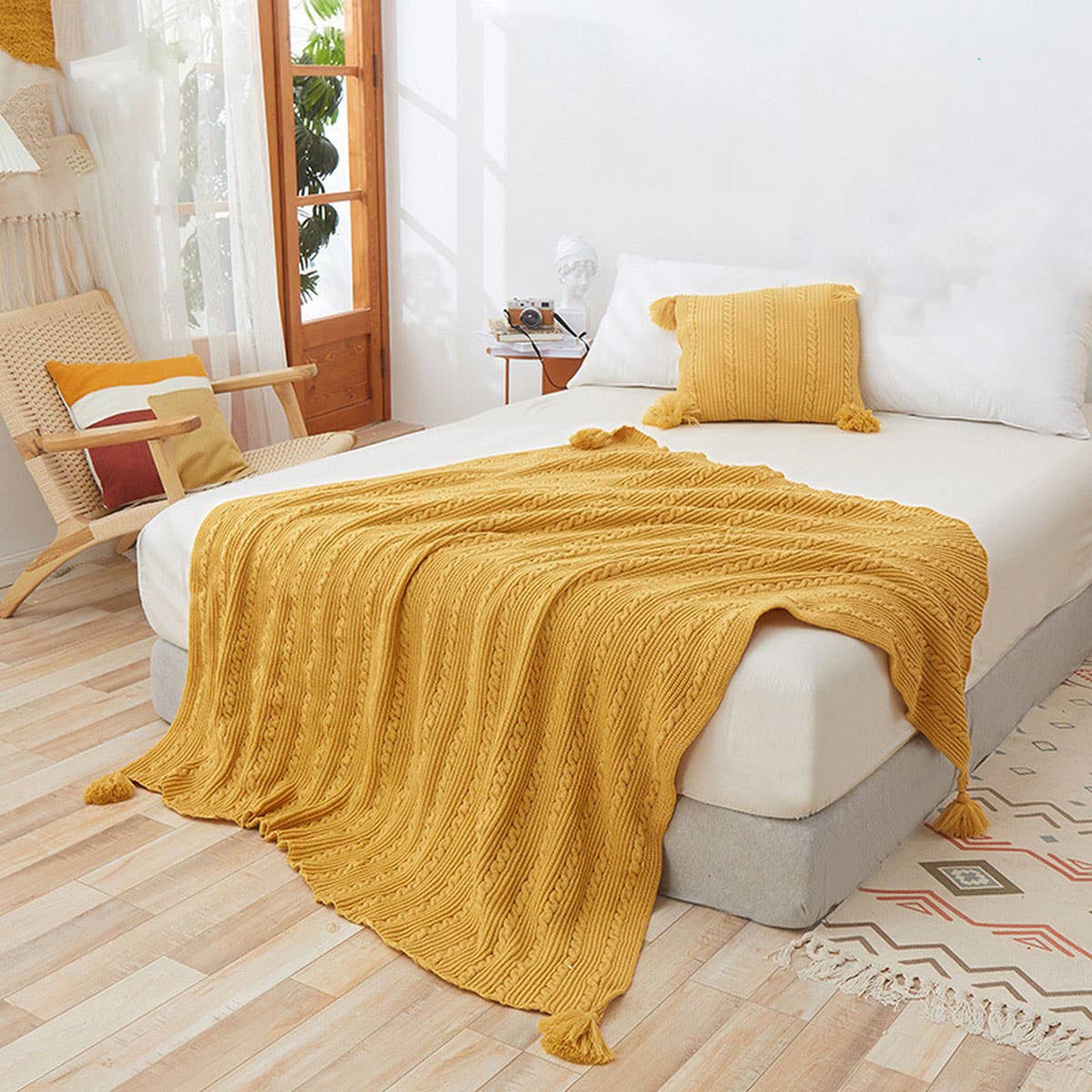 SOLID COLOR SIMPLE KNITTED TASSEL THROW BLANKET_CWMM2381