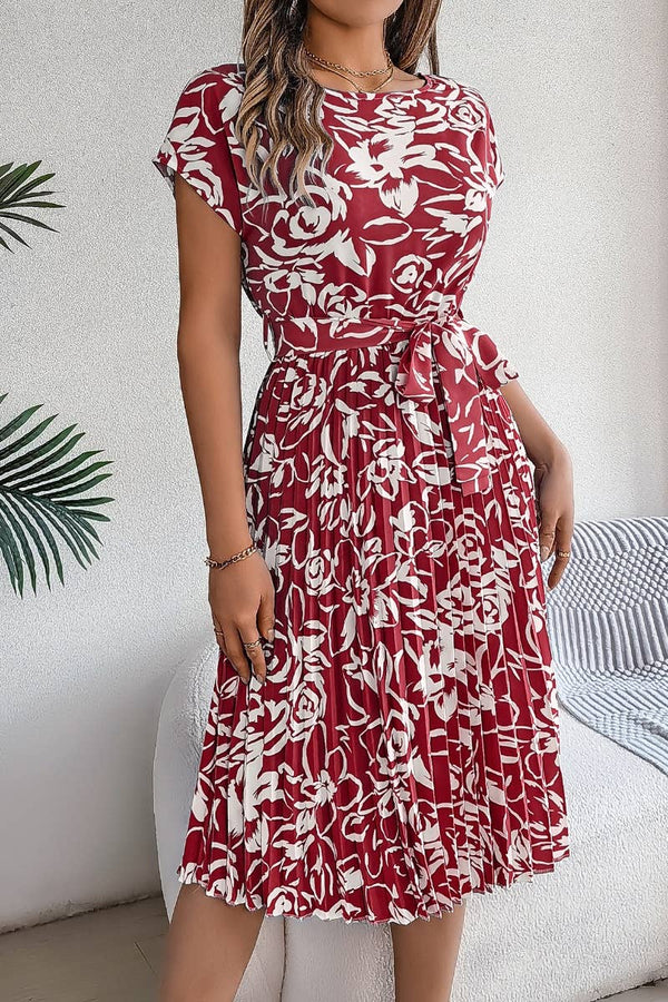 CWDMD2665_SUMMER FLOWER SHORT SLEEVE PLEATED DRESS