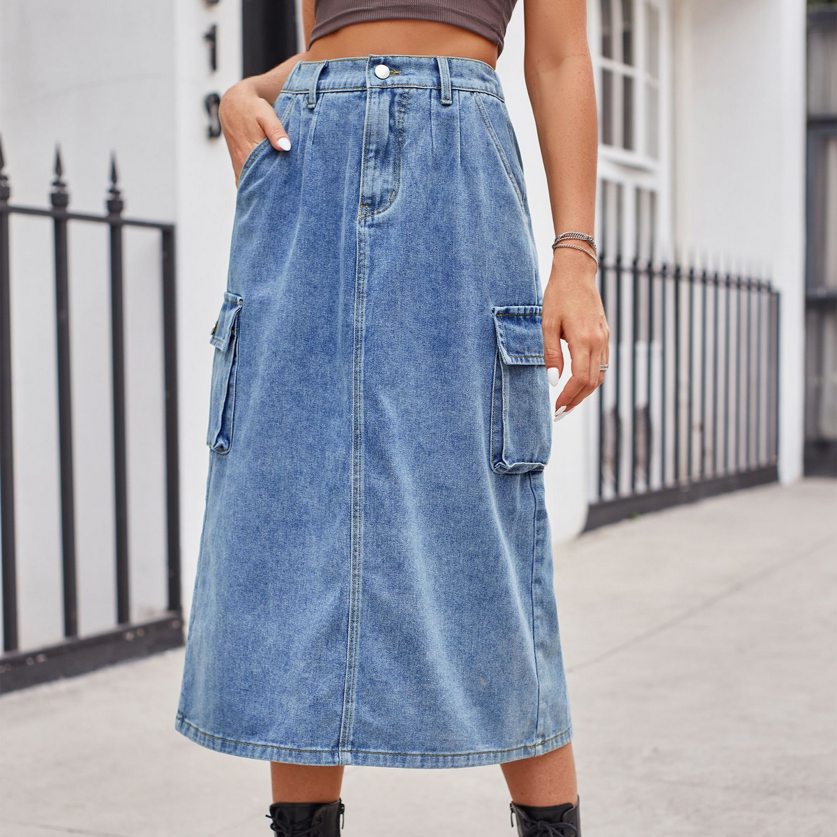Wome Washed Denim Cargo Midi Skirt Slim Fit_Cwjsk0198