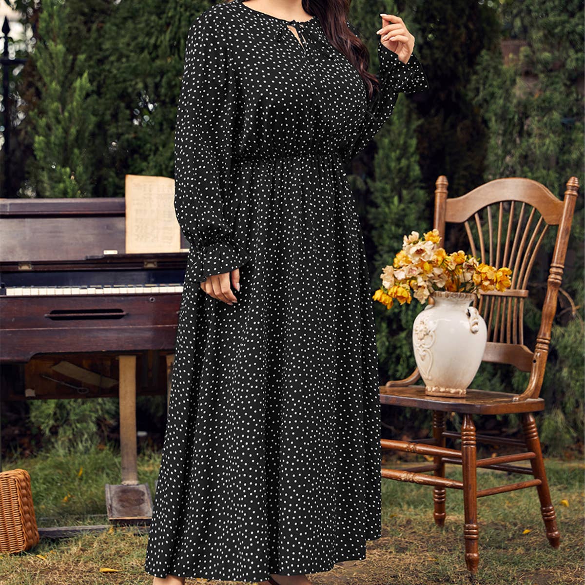 PLUS SIZE POLKA DOT DRESS LOOSE LONG SLEEVE FIT_CWDMD5977