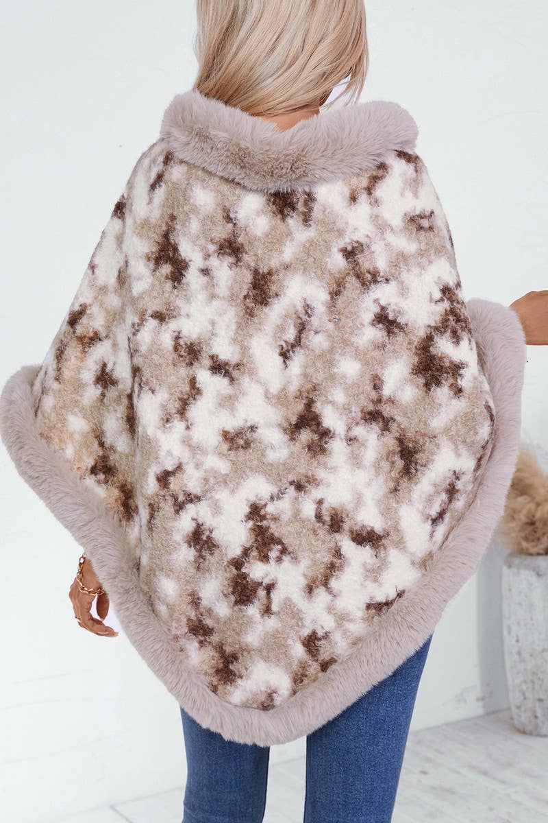 Cwosws0092_Leopard Print Knitted Cape With Fur Collar