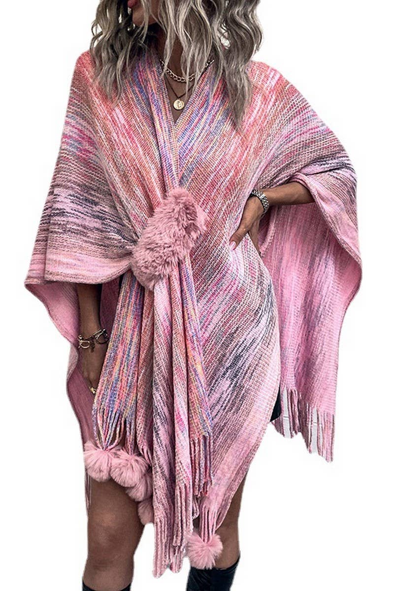 Cwocas0051_Contrast Color Pompom Tassel Knitted Shawl