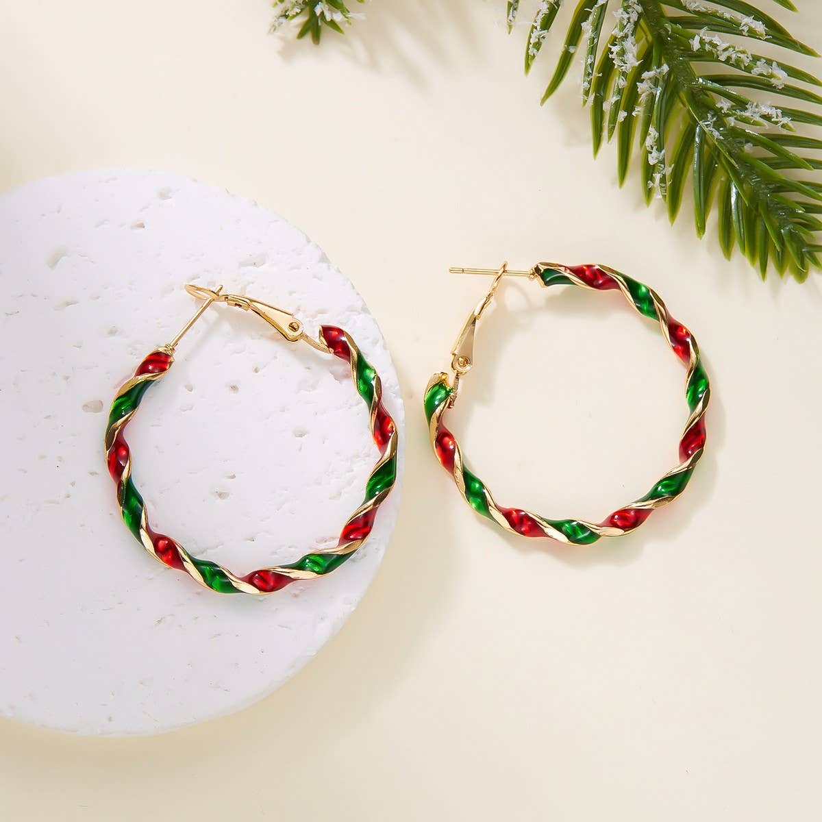 Cwaje2513_Christmas Colorful Spiral Geometric Hoop Earrings