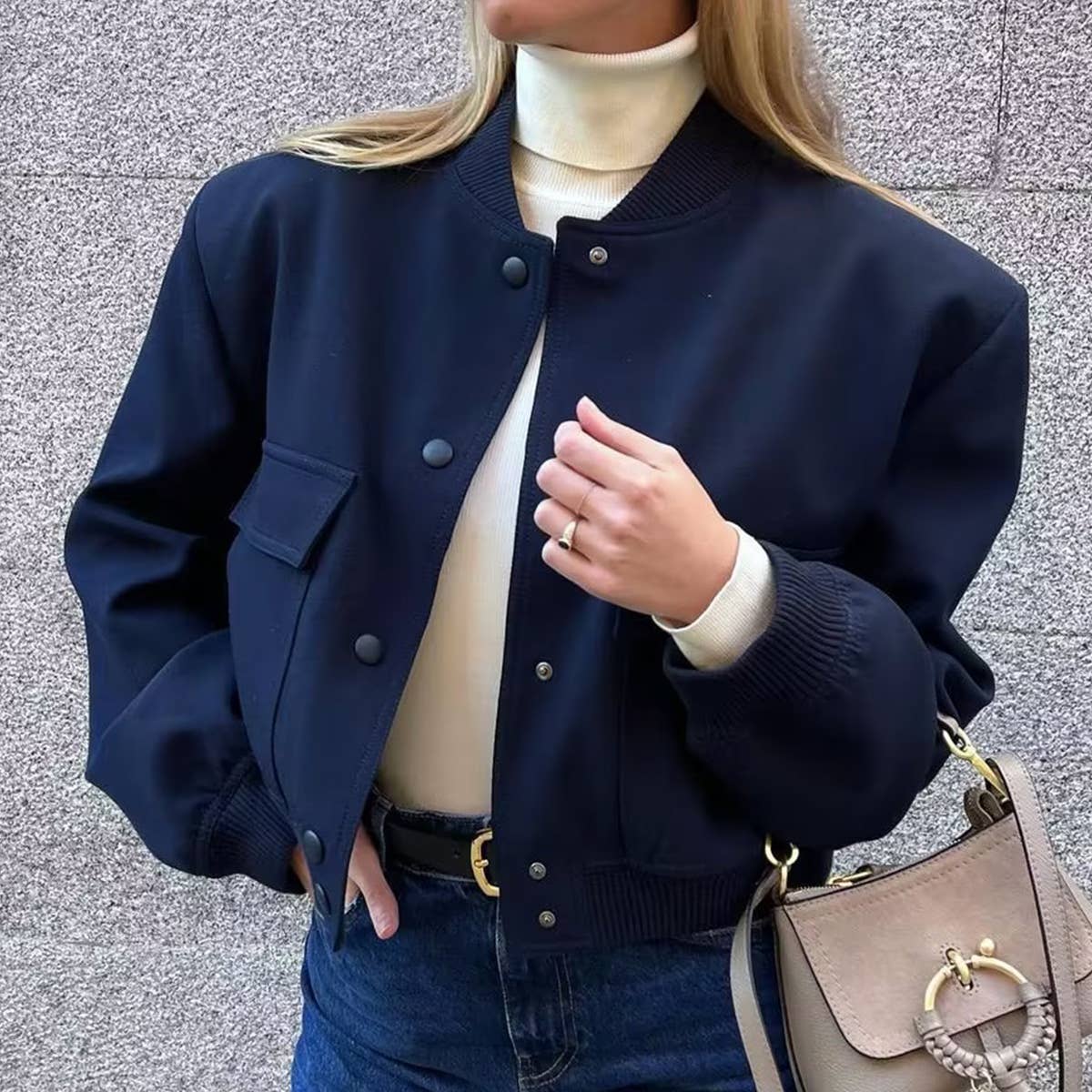 Solid Short Jacket With Large Pocket Stand Collar