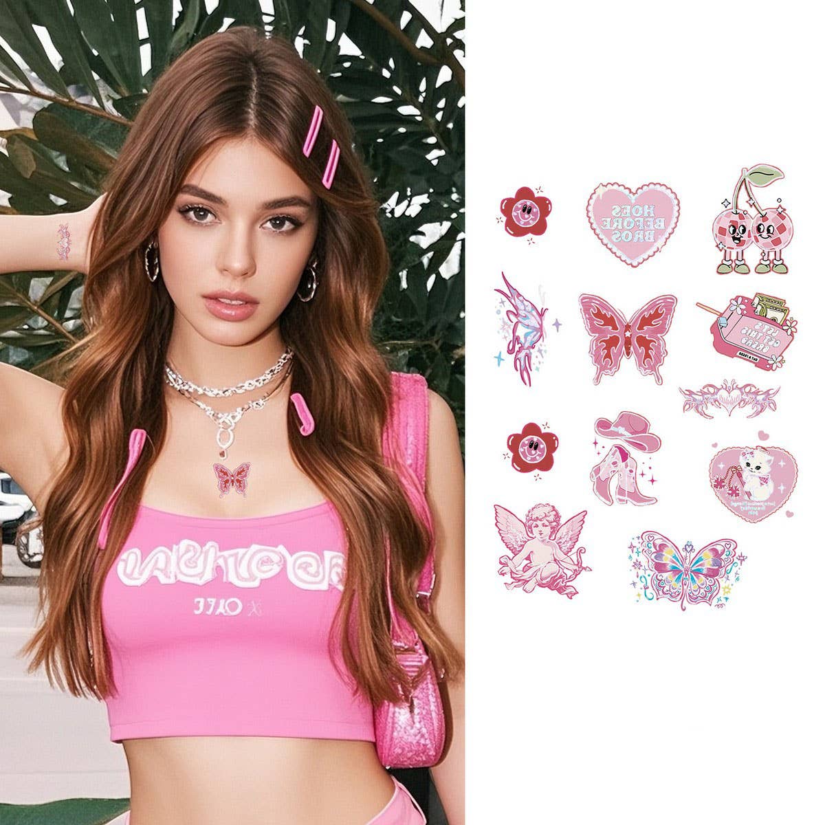 PINK BARBIE STYLE HOLOGRAPHIC TATTOO STICKERS_CWMM8369