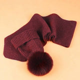 Winter Knit Hat Scarf Set With Fox Fur Pom Beanie_Cwah05044