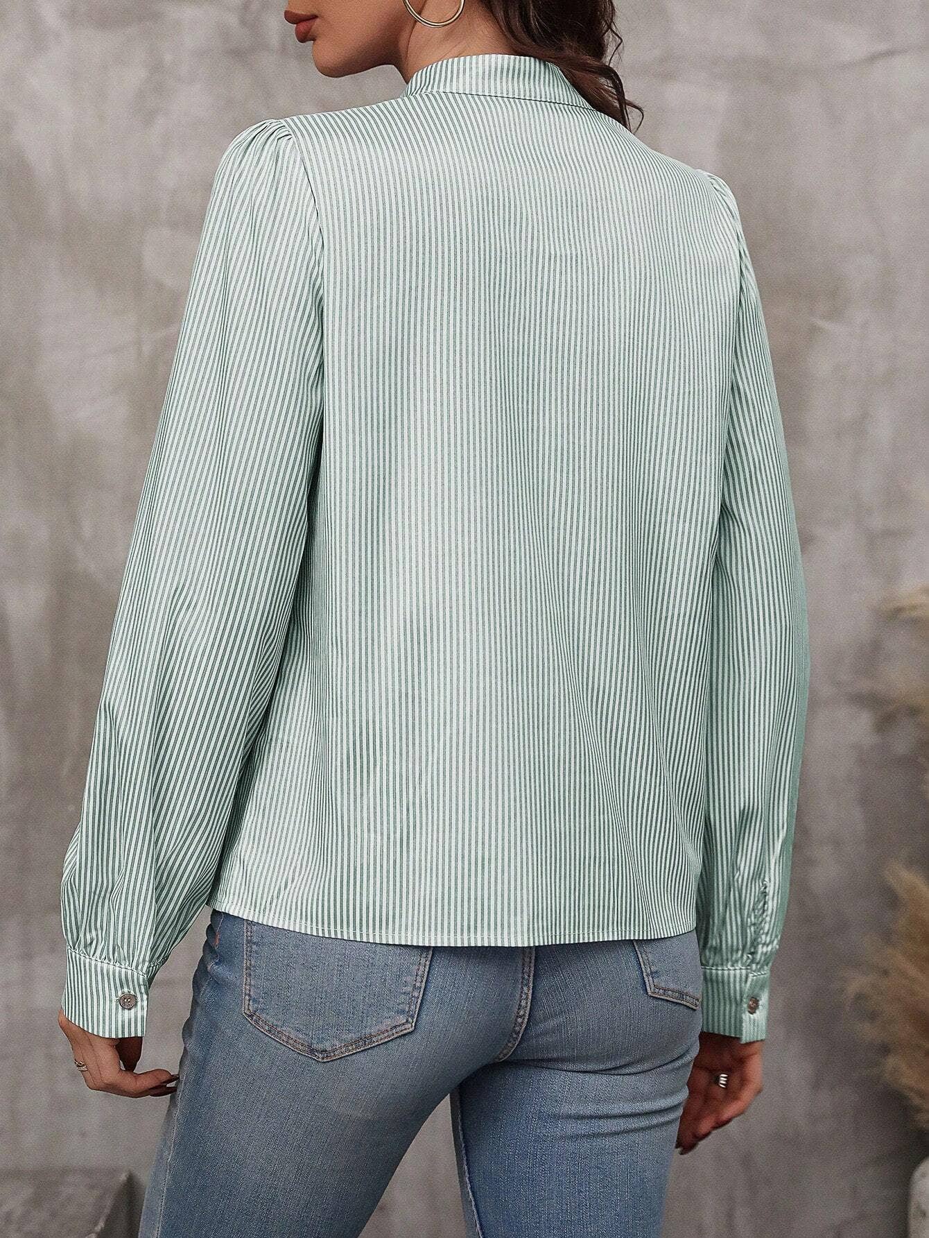 V-Neck Button-Up Striped Long-Sleeved Shirt