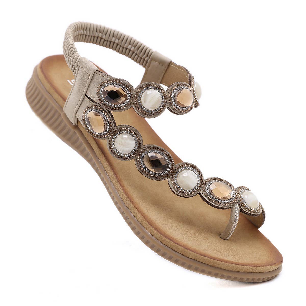 Women Bohemia Bling Rhinestone Pearl Flat Sandals