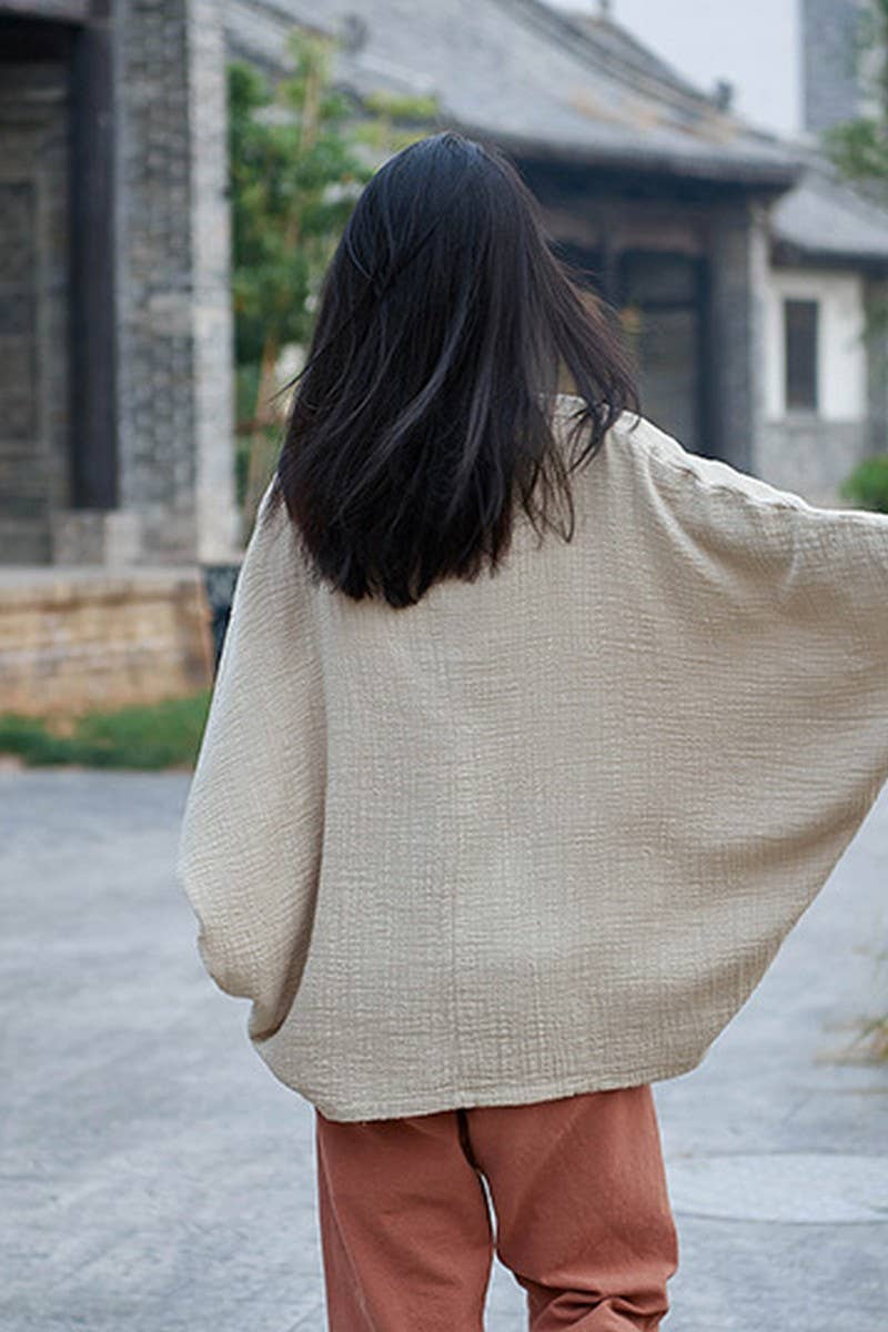 Cwtbll2463_Cotton And Linen Pullover V-Neck Bat T-Shirt