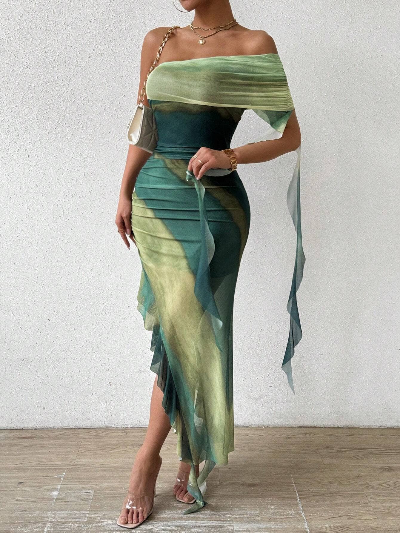 Womens Ruched Strapless Split Mesh Ruffle Dress