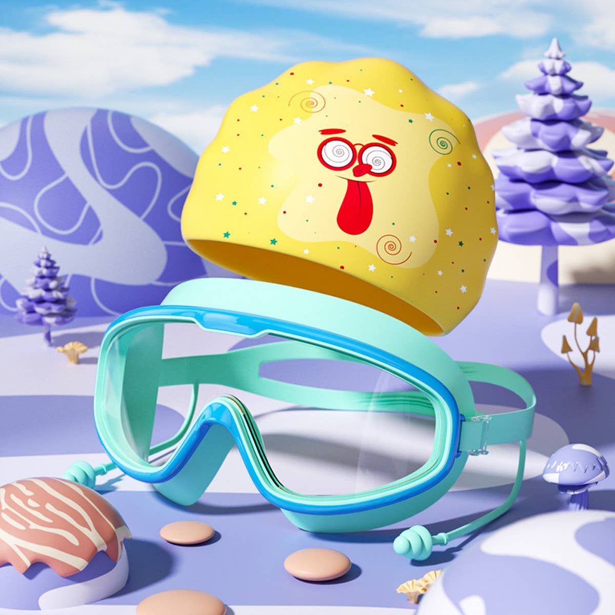 KIDS SWIM GOGGLES CAP SET HD LARGE FRAME_CWMM6645