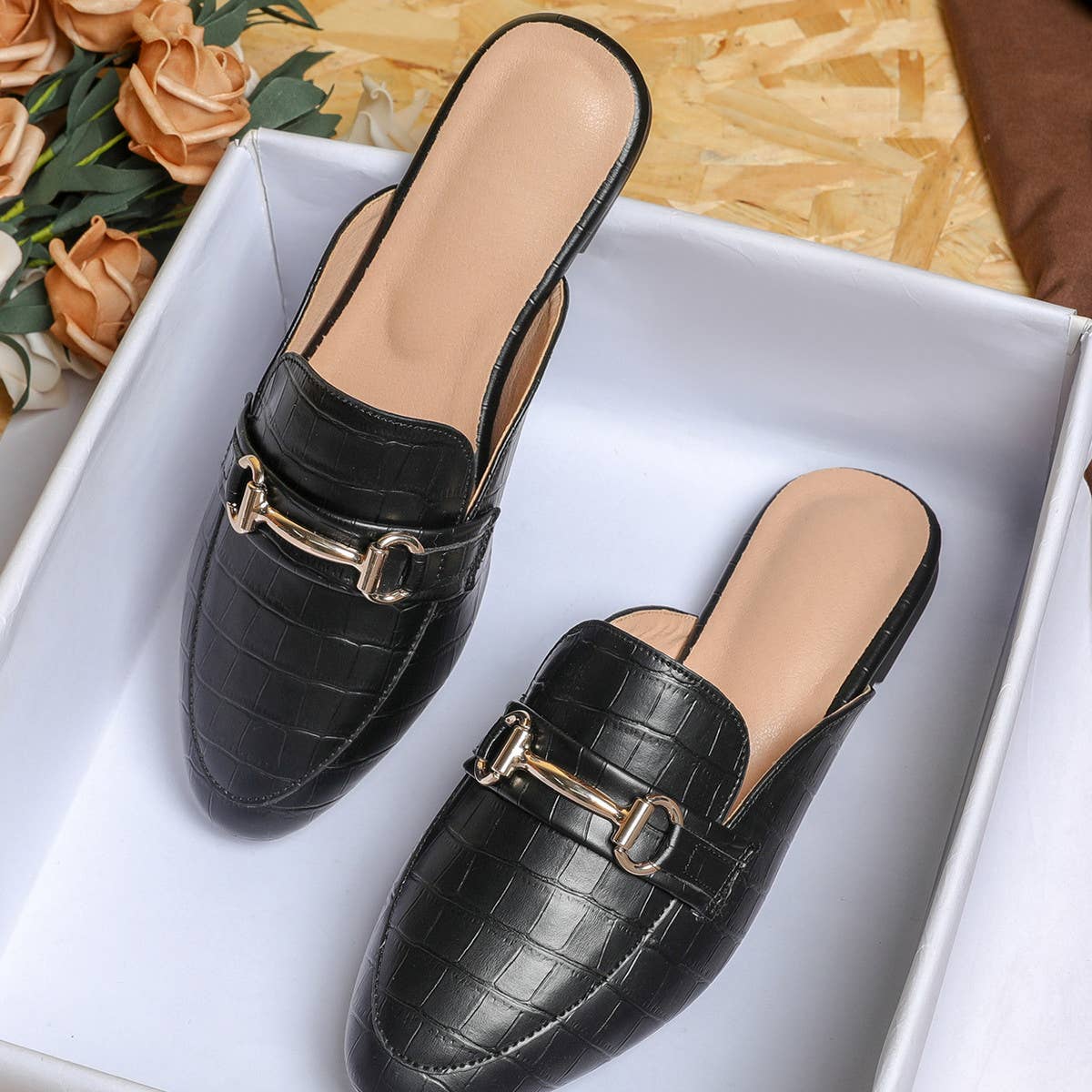 Women Large Size Crocodile Leather Flat Mules