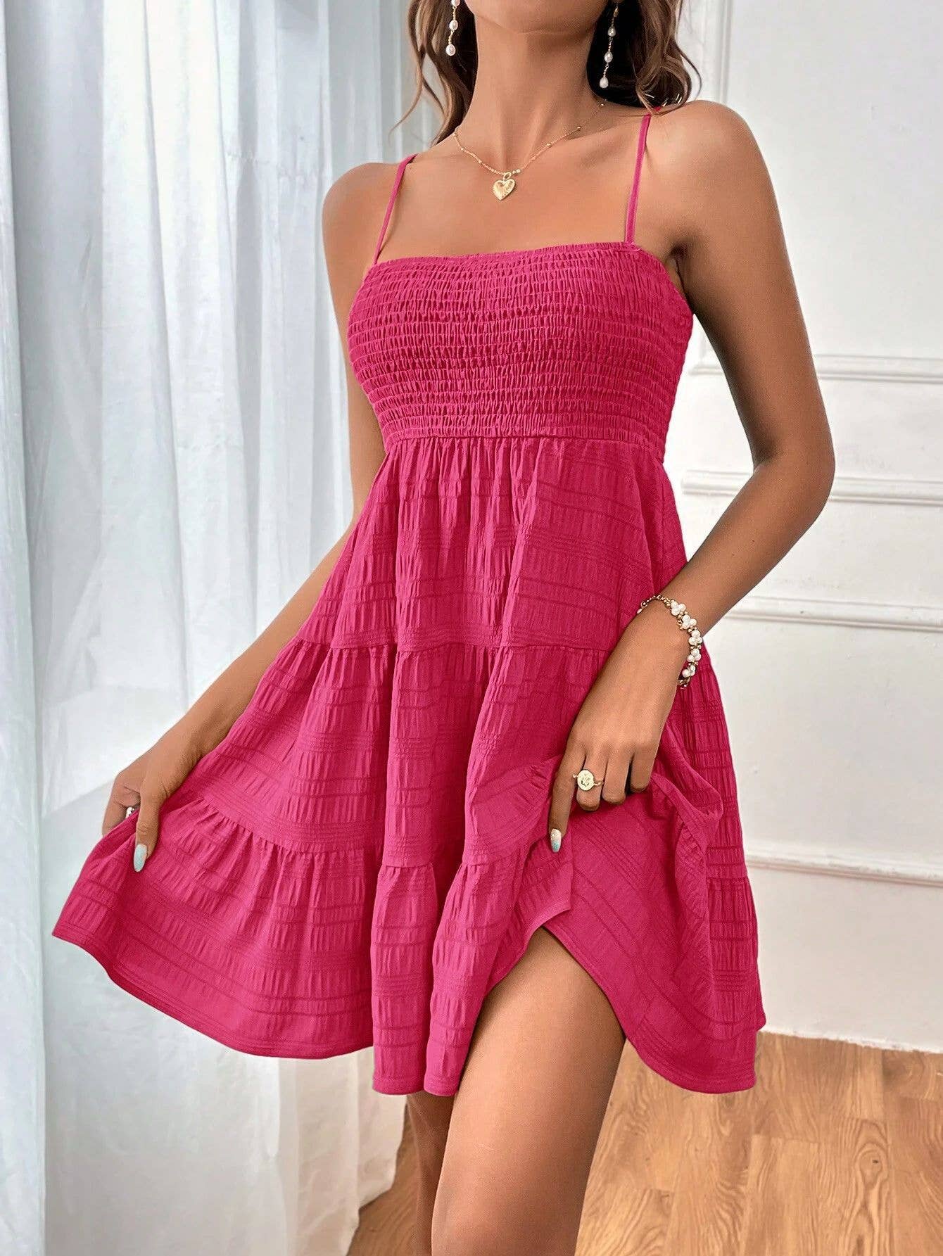 Solid-Color Textured One-Shoulder Strappy Dress