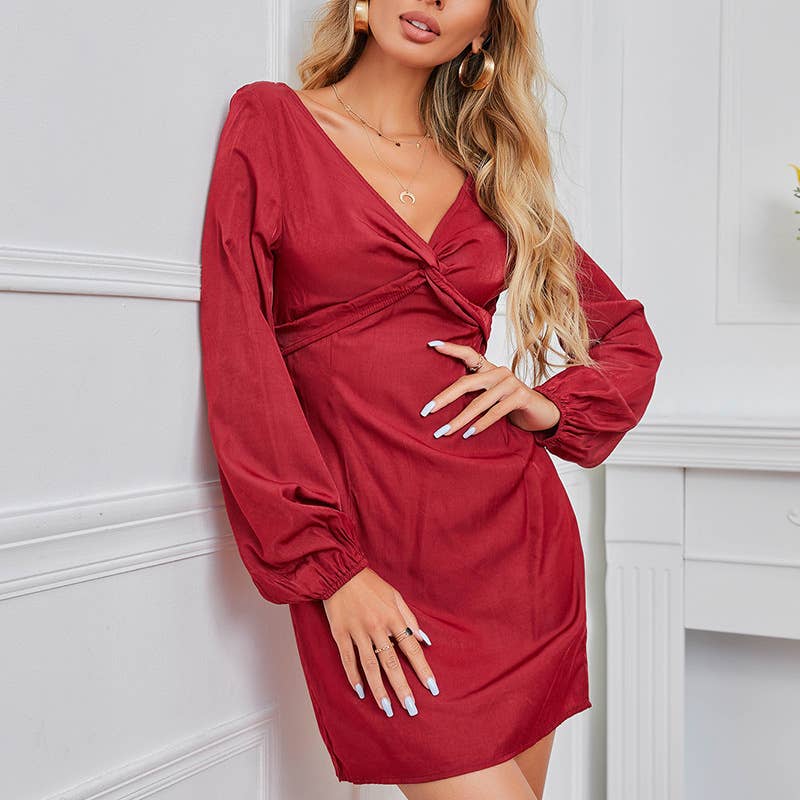 V-Neck Sexy Long-Sleeved Solid Color Dress