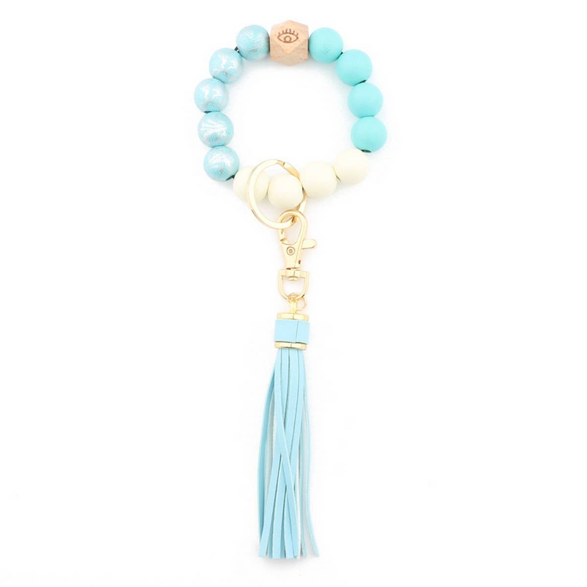 PRINTED WOOD BEAD BRACELET KEYCHAIN WITH TASSEL_CWMM7025