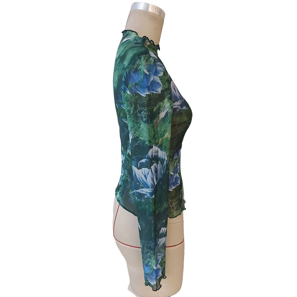 SEMI SHEER FLORAL PRINT MESH MOCK NECK TOP_CWTBLL3430