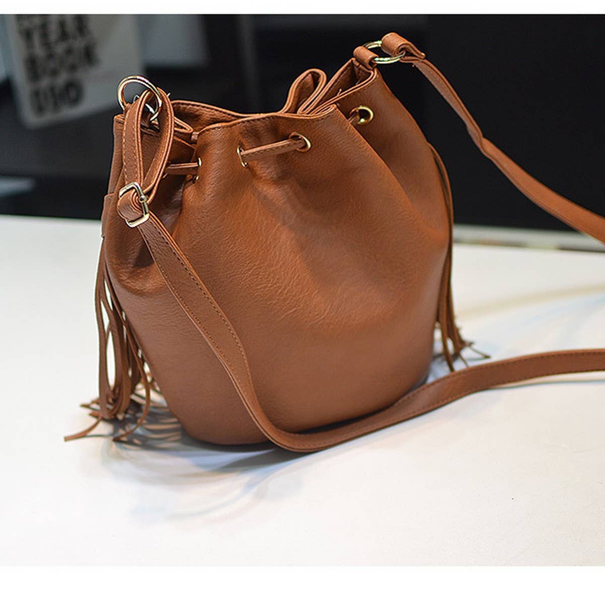 Cwab4539_Drawstring Handmade Tassel Bucket Shoulder Bag