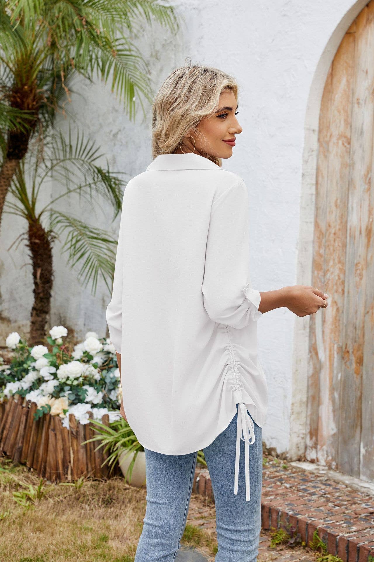 Solid-Color Loose Mid-Sleeved Chiffon Shirt