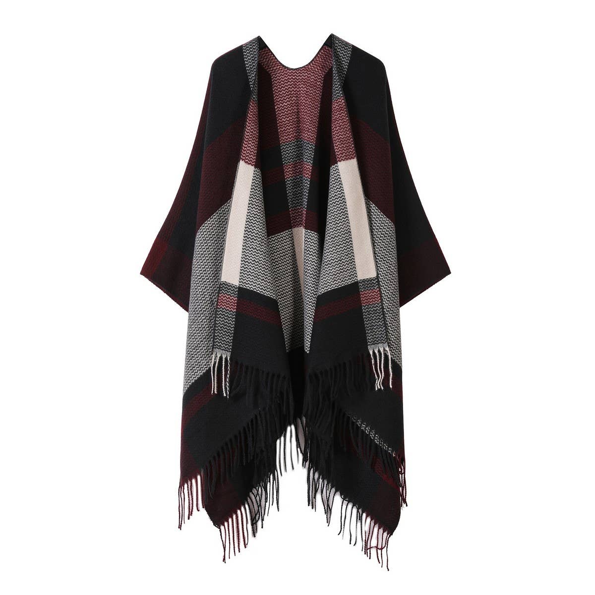 FRINGED SLIT SHAWL PLAID SCARF WARM CAPE_CWASC2219
