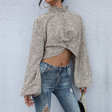 Vacation Style Cropped Long Sleeve Leopard Top
