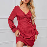 V-Neck Sexy Long-Sleeved Solid Color Dress