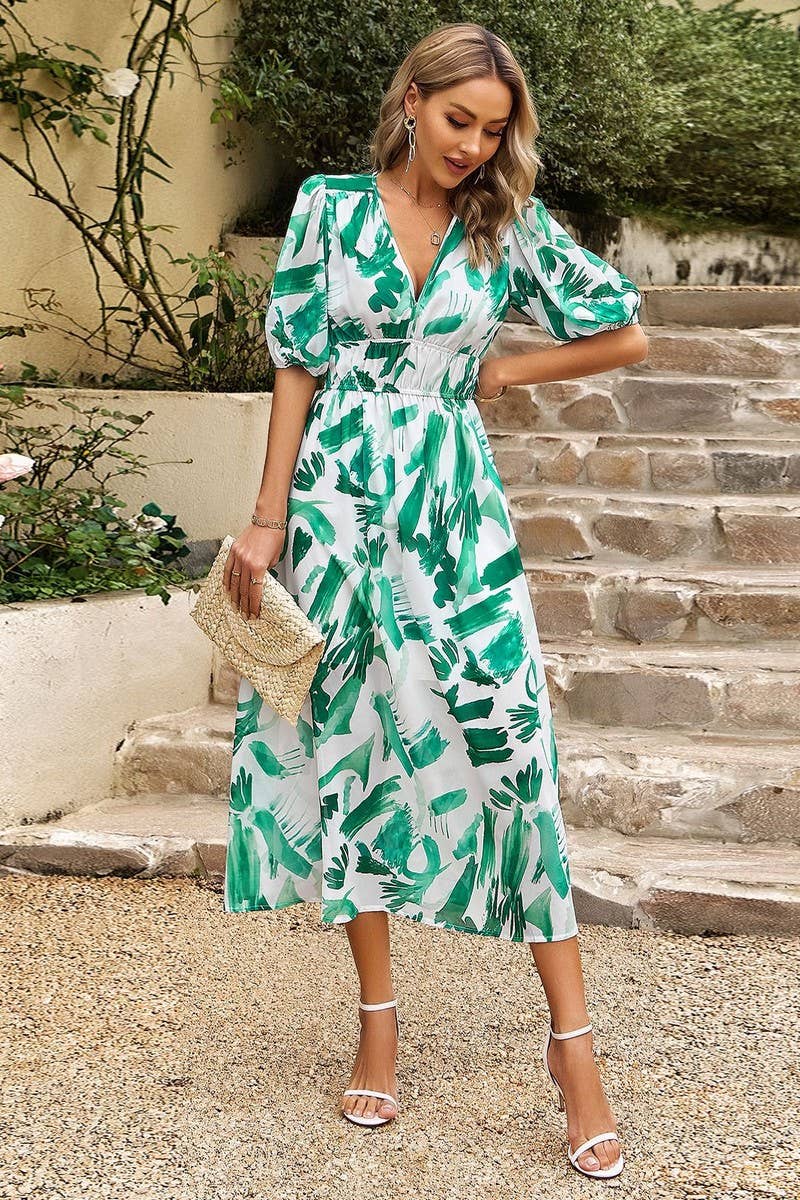 Temperament Waist V Neck Printed Dress_Cwdsd2401