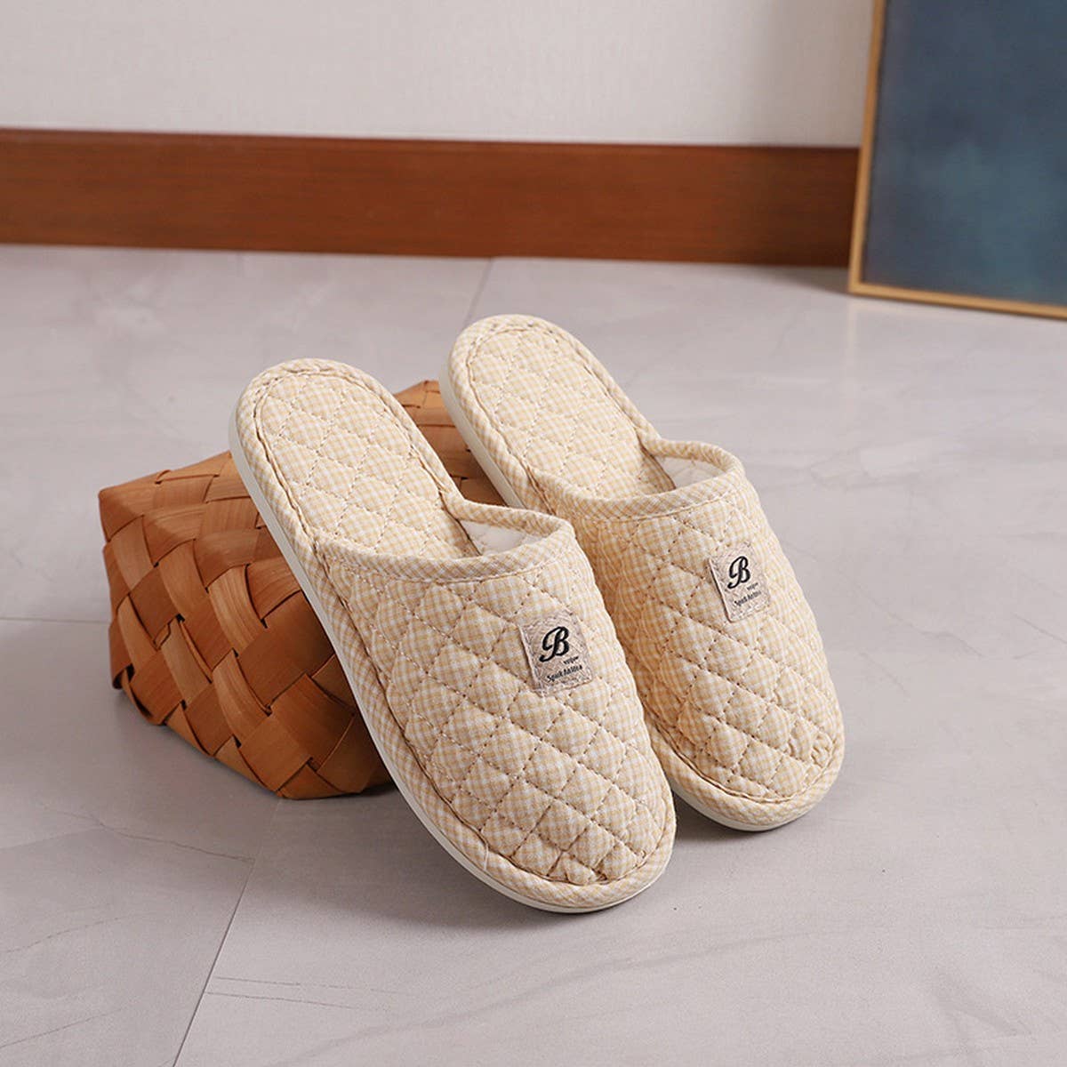 PLAID COTTON CLOSED TOE SLIPPERS WITH RUBBER SOLE_CWSHF0201