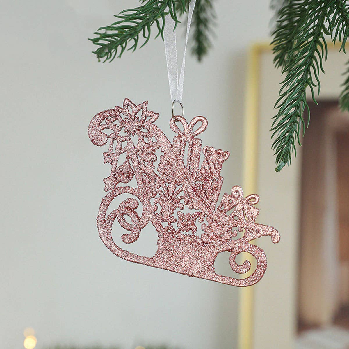 PINK GOLD GLITTER PLASTIC CHRISTMAS TREE ORNAMENT_CWMM9763