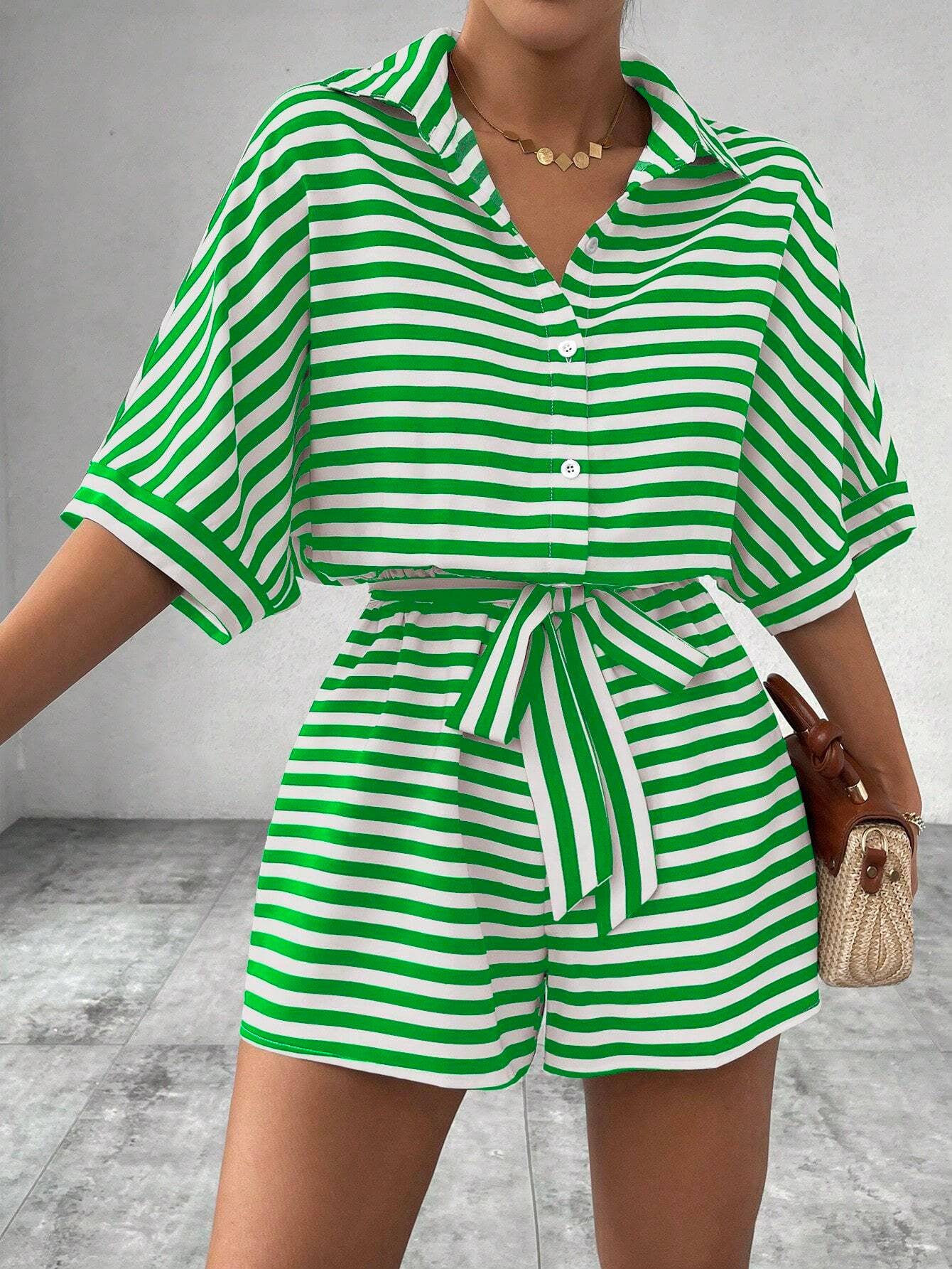 Womens Striped Buttoned Cardigan Romper