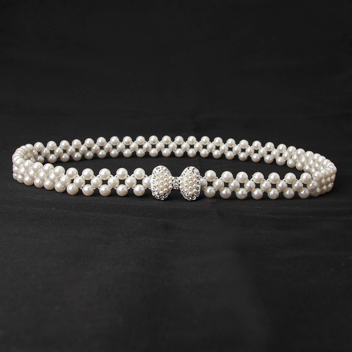 PEARL WOVEN ELASTIC BELT RHINESTONE ALLOY BUCKLES_CWABE0395