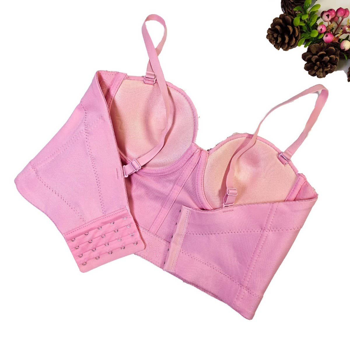 PINK FLORAL EMBROIDERED HERRINGBONE CORSET_CWMM4151