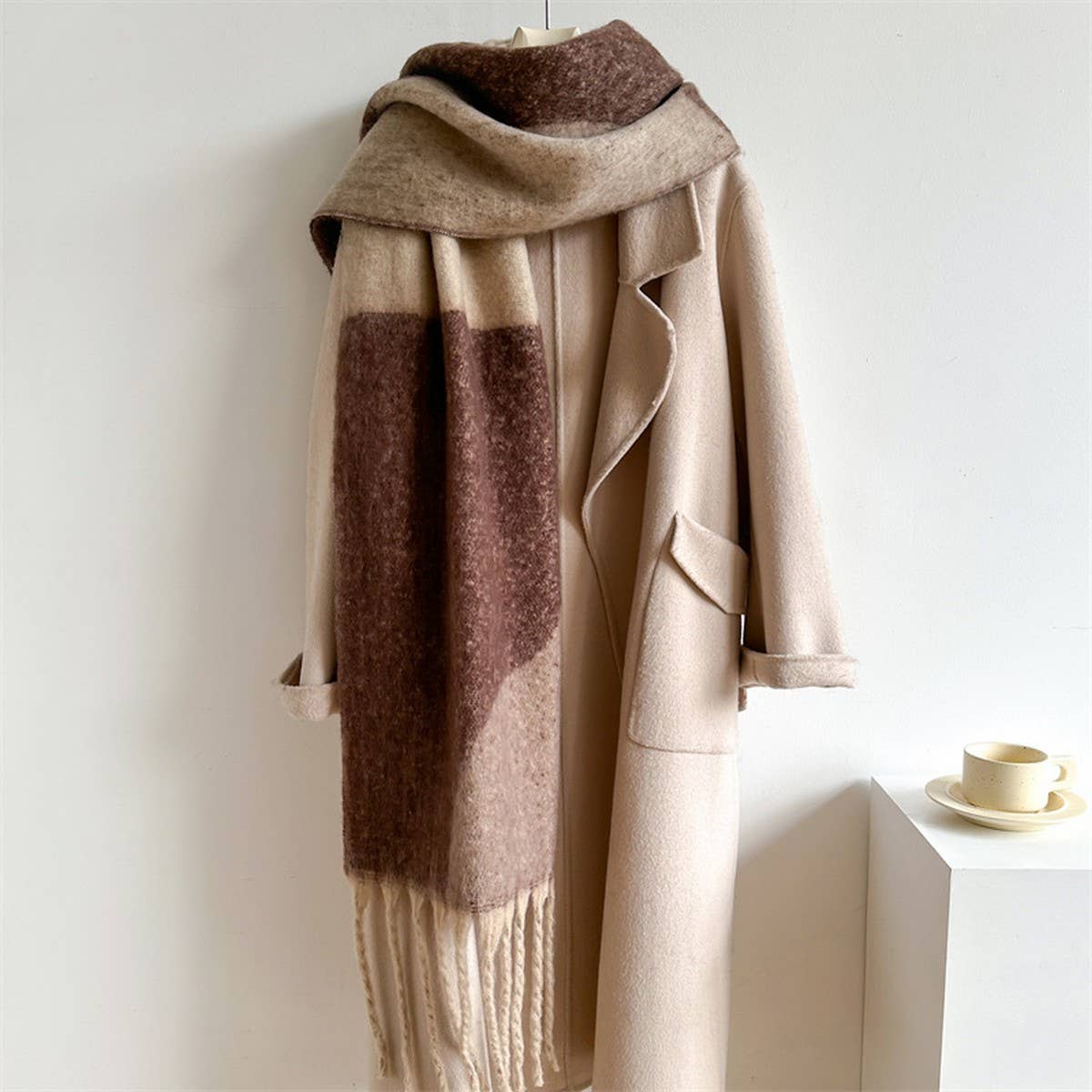 GEOMETRIC FRINGE WOOL SCARF THICK COLORBLOCK SHAWL_CWASC0978